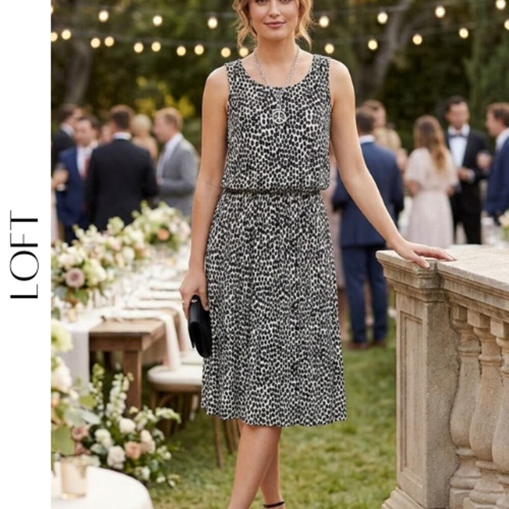 LOFT Black White Polka Dot Dress Small Sleeveless Blouson Midi